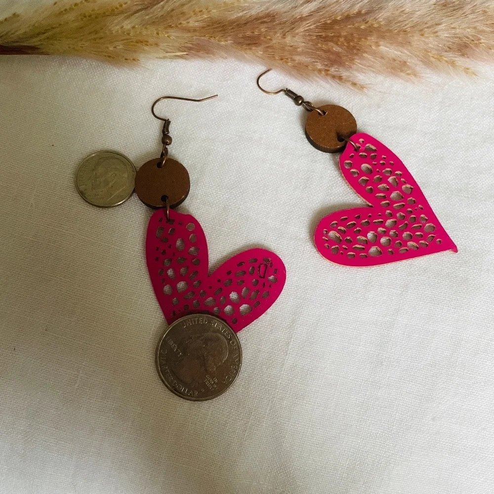 🌟Buy 2 Pairs, Get One Free, NWT Vibrant Pink Dangle Heart Earrings, PU Leather - Picture 5 of 6
